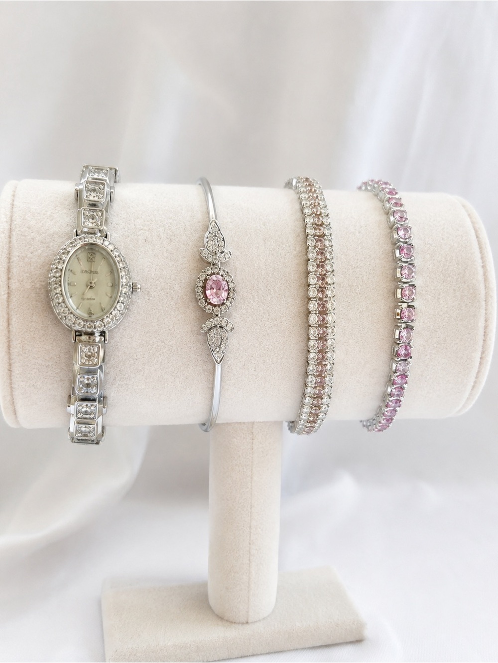 Silver Tone Bracelet and Watch Set with Pink Crystal Accents